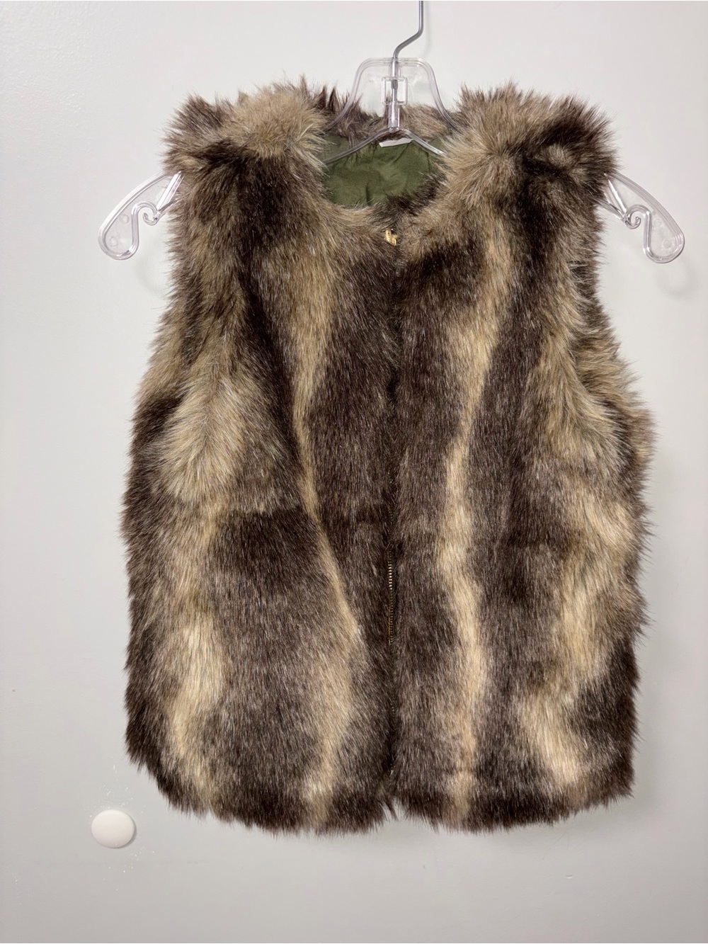 Gap Kids Brown Faux Fur Animal Print Full Zip Reversible Vest Green Lining L